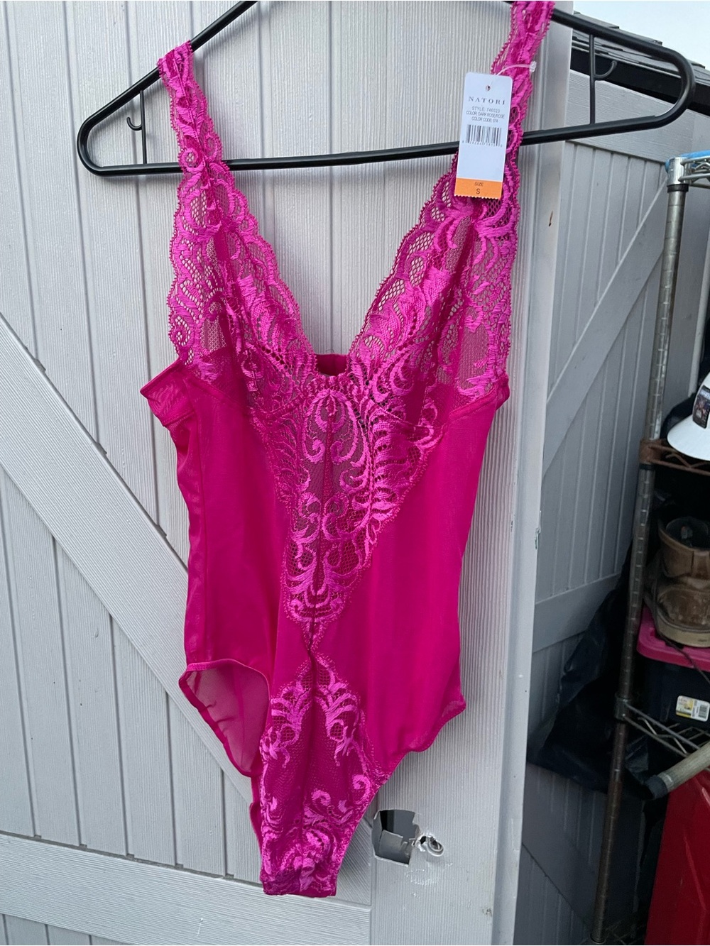 NWT Natori Fuchsia Lace-Trim Sheer Bodysuit Size Small